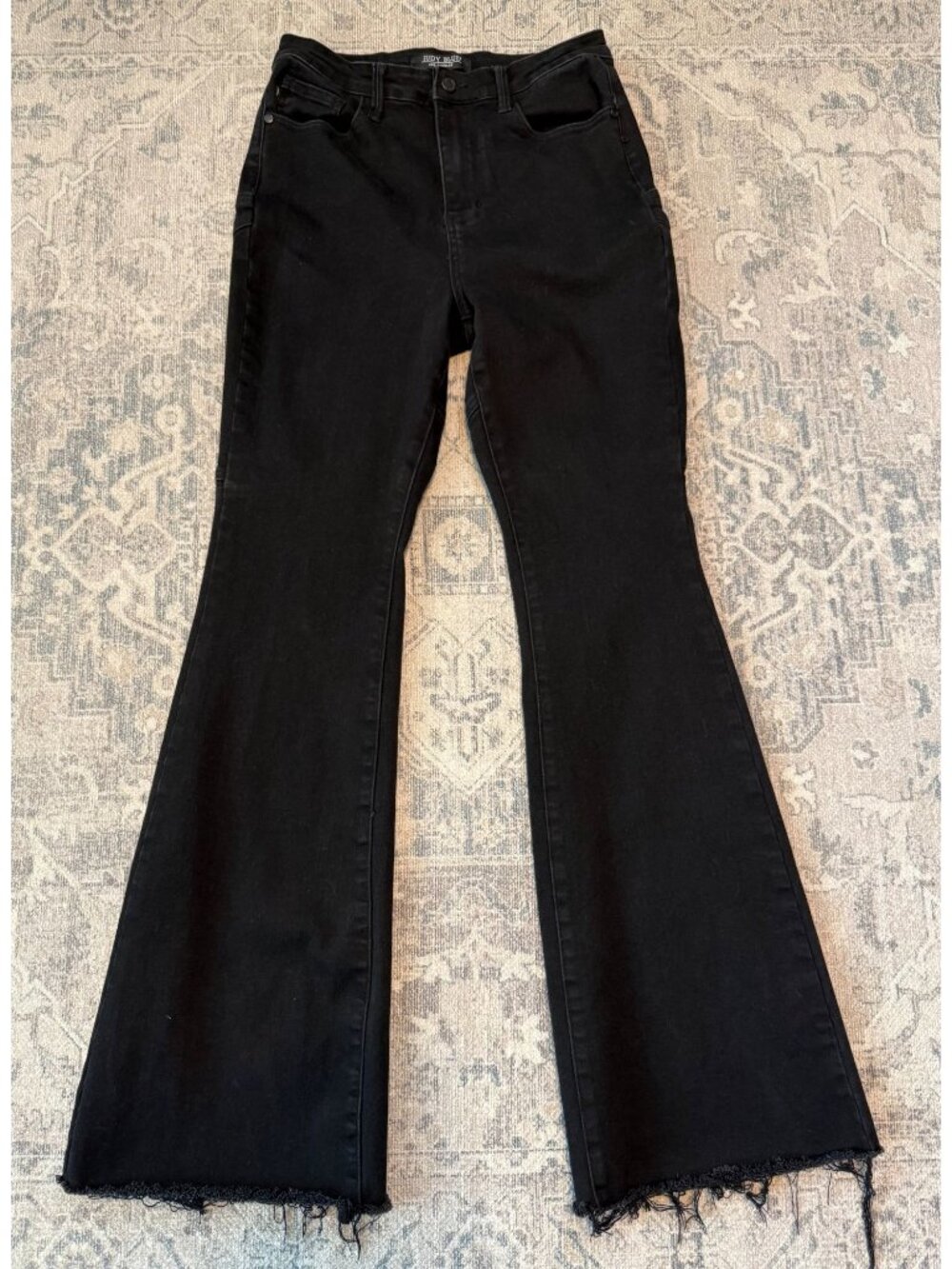 Judy Blue Black High Rise Flare Leg Denim Jeans Size 9 Distressed Hem Stretch